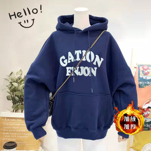 Load image into Gallery viewer, Thick Women Hoodies Winter Pullover Korean Loose Hooded Sweatshirt Warm Fashion Letter Casual Female Pocket Coat
