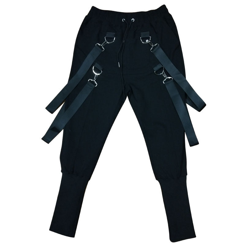Men Hip Hop Harem Pants Spring Streetwear Elastic Waist Trousers Joggers Multi-pocket Ribbons Black Men's Clothing WB549