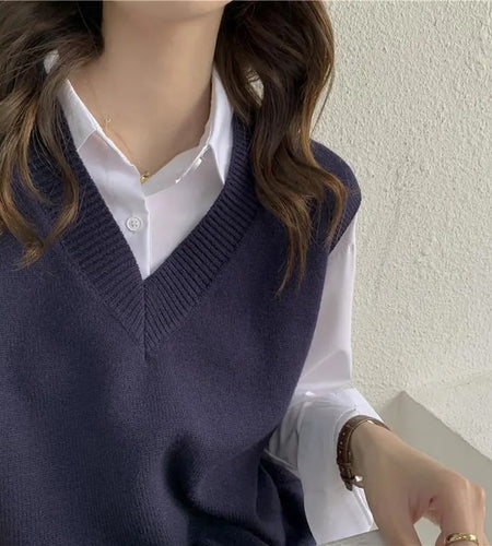 Women Sweater Vest Autumn V-neck Knit Pullover Solid Simple Slim All-match Casual Korean Sleeveless Vintage Vest