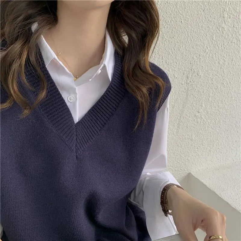 Women Sweater Vest Autumn V-neck Knit Pullover Solid Simple Slim All-match Casual Korean Sleeveless Vintage Vest