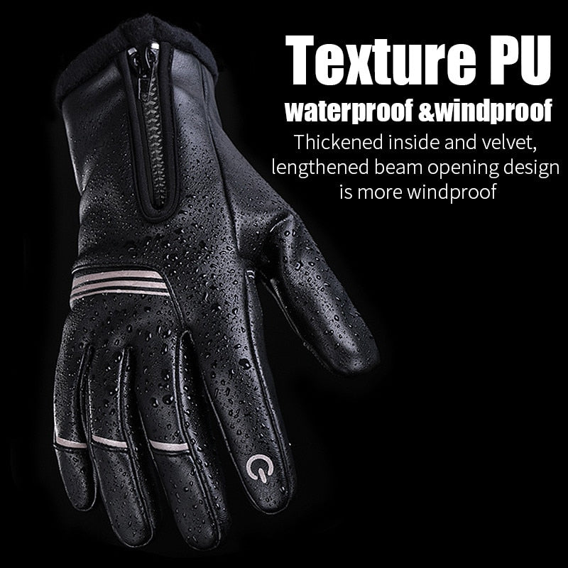 Winter Cycling Gloves PU Leather Thermal Fleece Touch Screen Outdoor Sport Skiing Climbing Motorcycle Bicycle Gloves