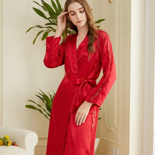 Load image into Gallery viewer, Women&#39;s Pajamas Robe Elegant Long Bathrobe Soild Sleepwear Silk Like Homewear V Neck Nightgown Femme пижама женская
