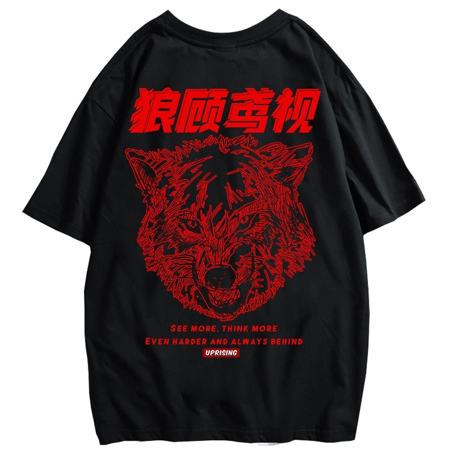 Streetwear Moon Wolf T Shirt Hip Hop Men T-Shirt Oversize Harajuku Tshirt Black Short Sleeve Tops Tees Cotton Animals Print