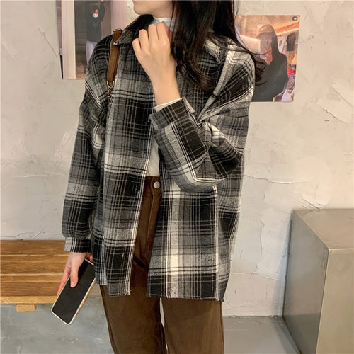 Load image into Gallery viewer, Retro Plaid Women Shirts Vintage Fall Single Breasted Long Sleeve Female Shirt Designed Spring Korean Ladies  Tops
