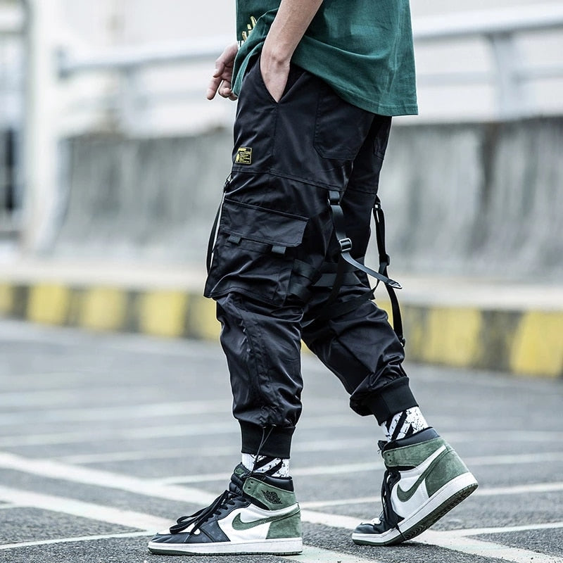 Cargo Pants Men Joggers Streetwear Ankle-length Pants Ribbons Elastic Waist Black Pant Hip Hop Male DG166