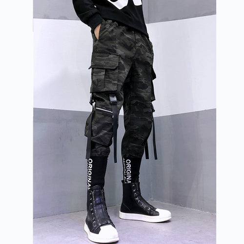 Load image into Gallery viewer, Camouflage Tactical Functional Cargo Pants Joggers Men Ribbons Multi-pocket Trousers Hip Hop Streetwear Harem Pant Black WB236
