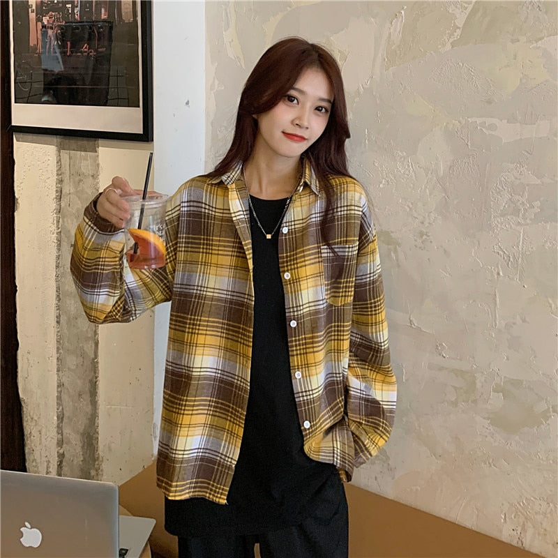 Plaid Women Shirt Casual Turn Down Collar Long Sleeve Fall Button Up Shirts Korean Loose Pocket Fashion Female Tops