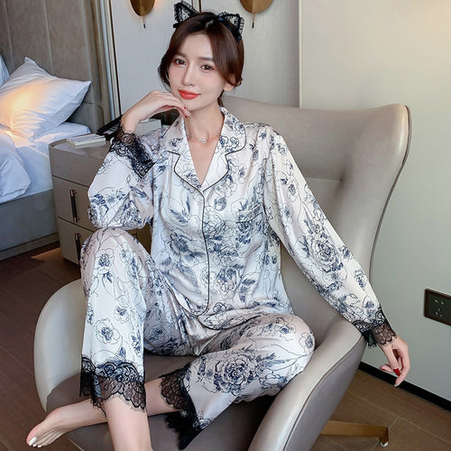 Load image into Gallery viewer, High Quality Women&#39;s Pajamas Set Floral Ink Painting Sleepwear Silk Like Casual Luxury Homewear V Neck Pyjams Femme New
