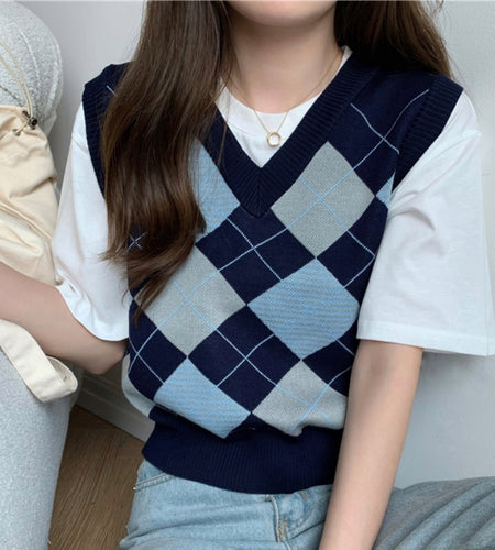 Argyle Women Sweater Vest Korean Style Autumn Knit Pullover Cute Jumper Casual V Neck Blue Loose Ladies Plaid Vest