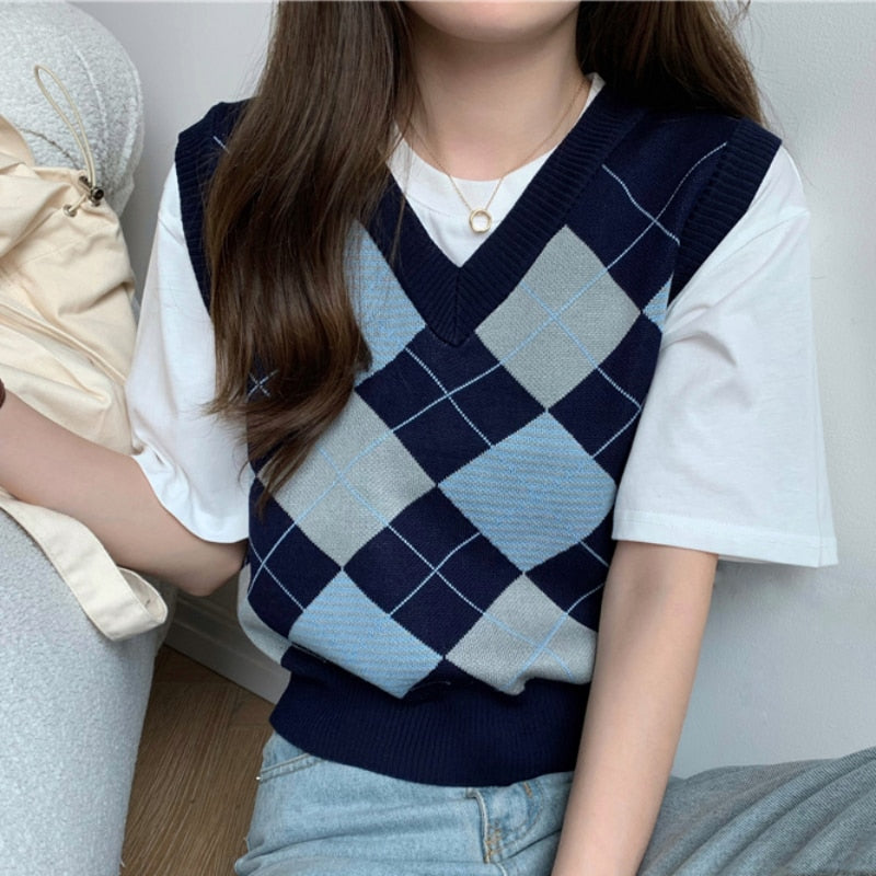 Argyle Women Sweater Vest Korean Style Autumn Knit Pullover Cute Jumper Casual V Neck Blue Loose Ladies Plaid Vest