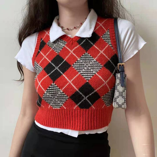 Load image into Gallery viewer, Argyle Women Vest Sweater Autumn Fashion V Neck Knitted Plaid Crop Sweater Casual V Neck Preppy Style Female Jumper Tops
