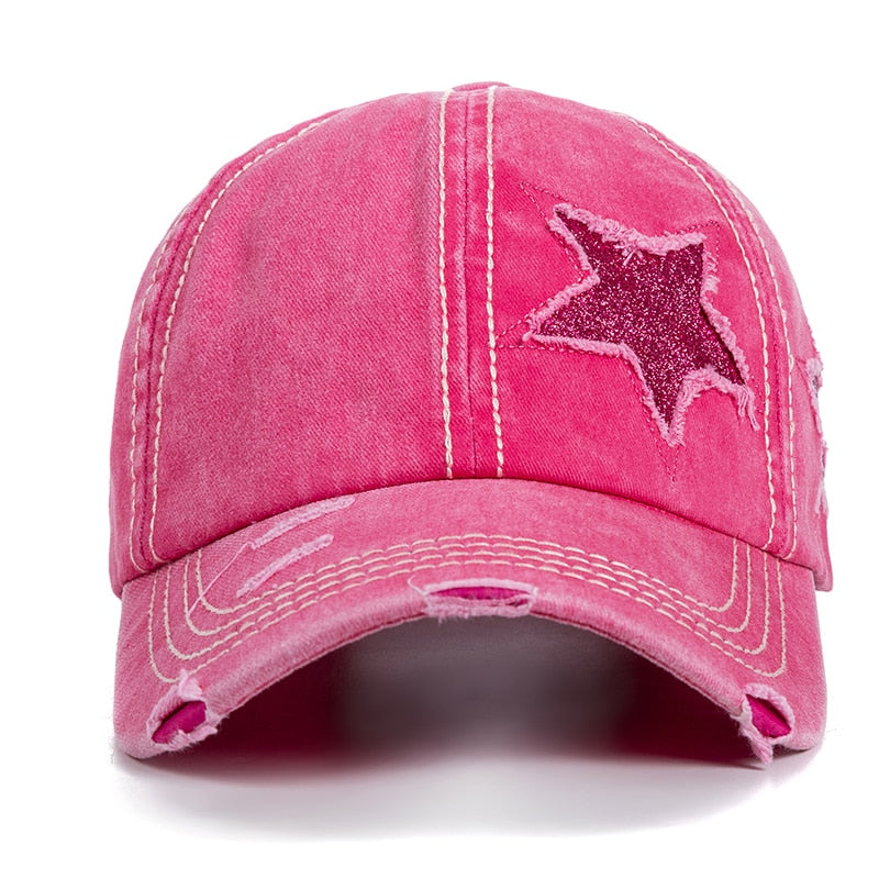 Fashion Women Ponytail Cap Sequins 5-Point Star Hole Design Baseball Cap Female Washed Cotton Streetwear Hats