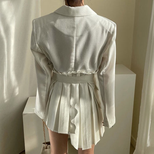 Load image into Gallery viewer, Korean White Pleated Dress For Women Notched Long Sleeve High Waist Sashes Slim Mini Dresses Female Summer
