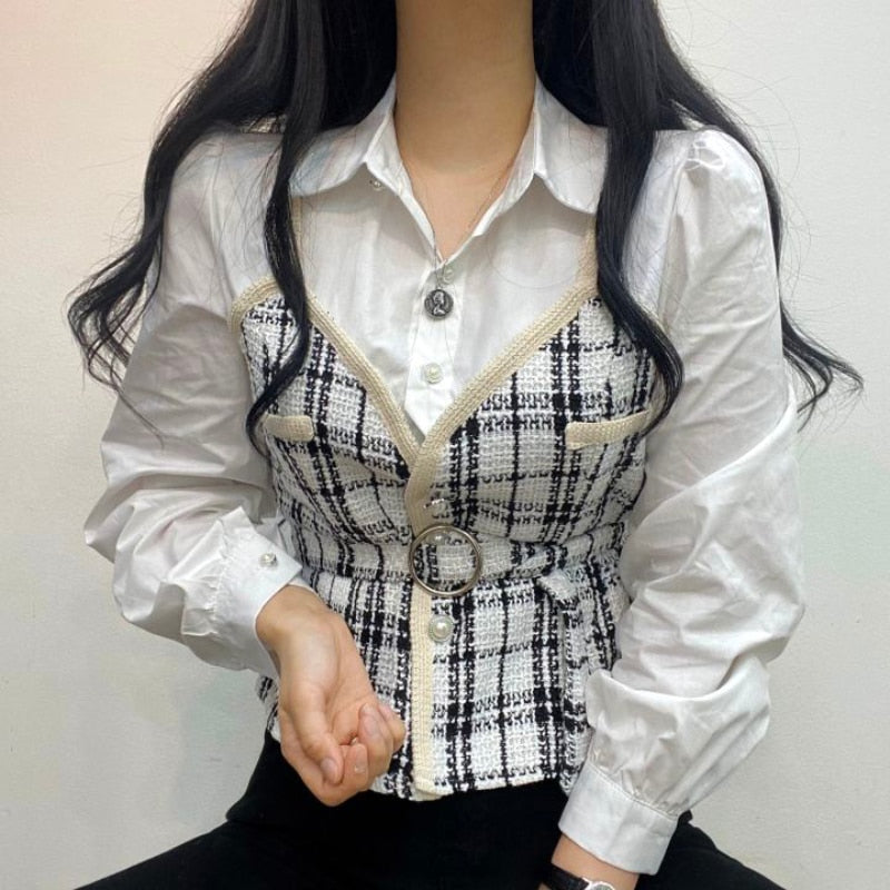 Patchwork Knitted Women Shirts Long Sleeve Elegant Pearl Buttons Korean Slim Ladies Sweater Shirts Fashion Plaid Fall Tops