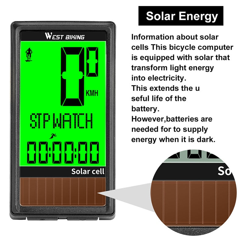 Bike Computer Wireless Solar Energy Cycling Odometer Speedometer Multifunction Bicycle Stopwatch With 5 Languages