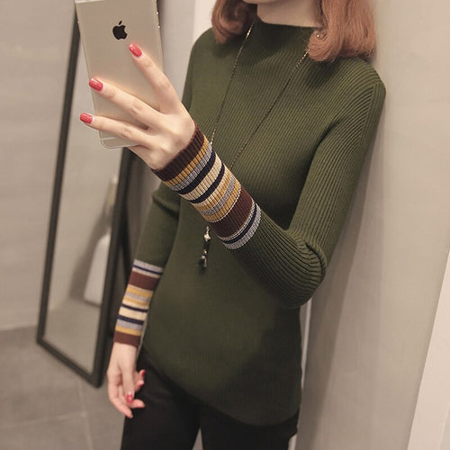 Load image into Gallery viewer, Striped Women Pullover Sweater Fashion Knitted Autumn Female Jumper Casual Korean Half Turtlenck Slim Ladies Base Blouse
