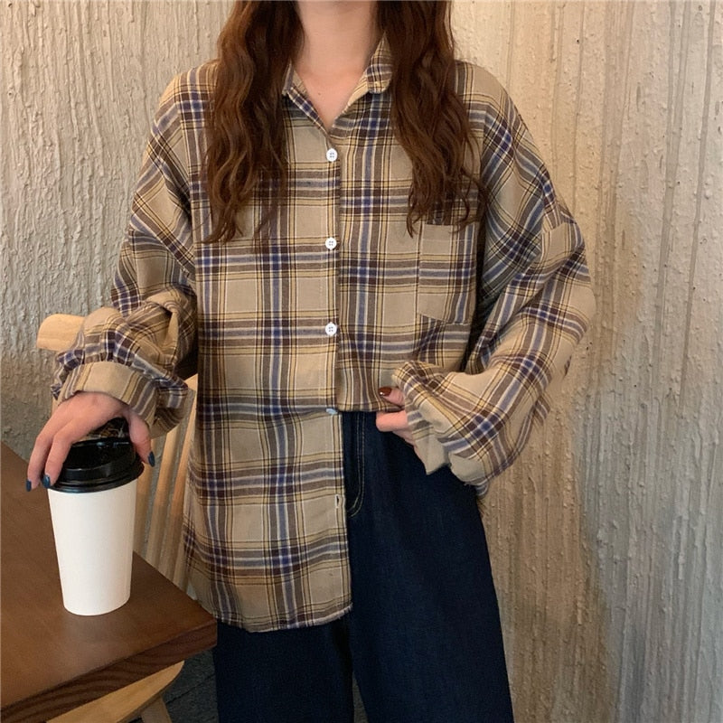 Plaid Women Shirt Loose Spring Long Sleeve Harajuku Korean Loose Ladies Blouse Casual Turn Down Collar Cotton Vintage Tops