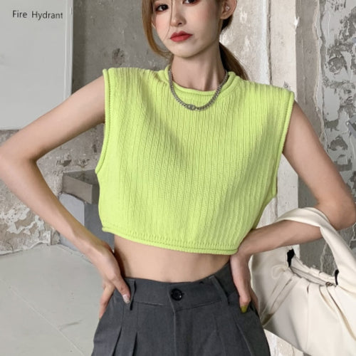 Load image into Gallery viewer, Loose Women Vest Tanks Summer Sleeveless Solid White Knit Korean Pullover O Neck Crop Tops Casual Hollow Out Thin Tops
