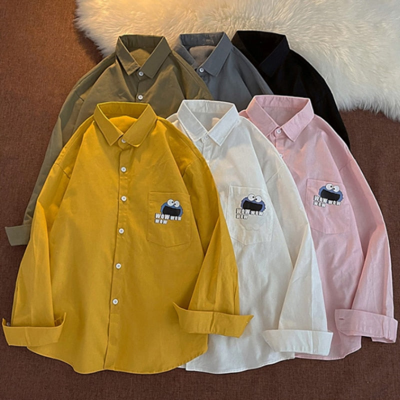 Cotton Women Shirt Cute Cartoon Print Designed Button Up Top Casual Pocket Loose Fall Long Sleeve Student Female Shirt