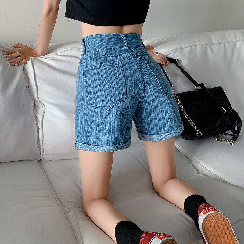 Fashion Striped Denim Shorts Summer High Waist Loose  Wide Leg Short Jean Casual Blue Korean Fashion Pocket Girls Jean