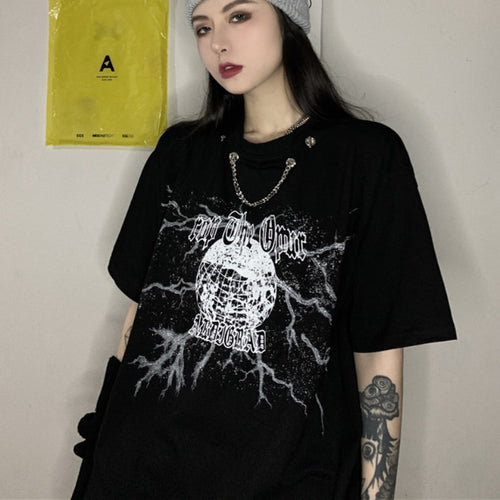 Load image into Gallery viewer, Harajuku Women T Shirt Summer Short Sleeve Gothic Black Print Long Tees Street Wear Oversized T Shirt Loose Girls Tops
