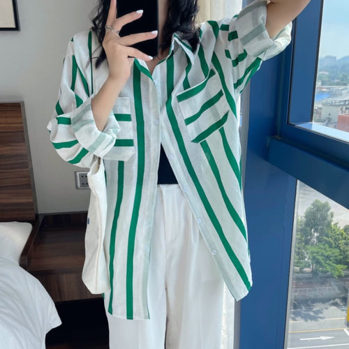Load image into Gallery viewer, Striped Women Shirts Summer Fashion Beach Sun Protection Long Sleeve Loose White Long Shirt Casual Korean Pocket Tops
