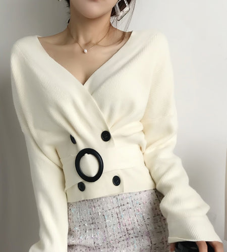 Sexy V-neck Women Knit Sweater Cardigan Autumn Cardigan Long Sleeve Tunic Double Breasted Female Top Casual Korean Sweater