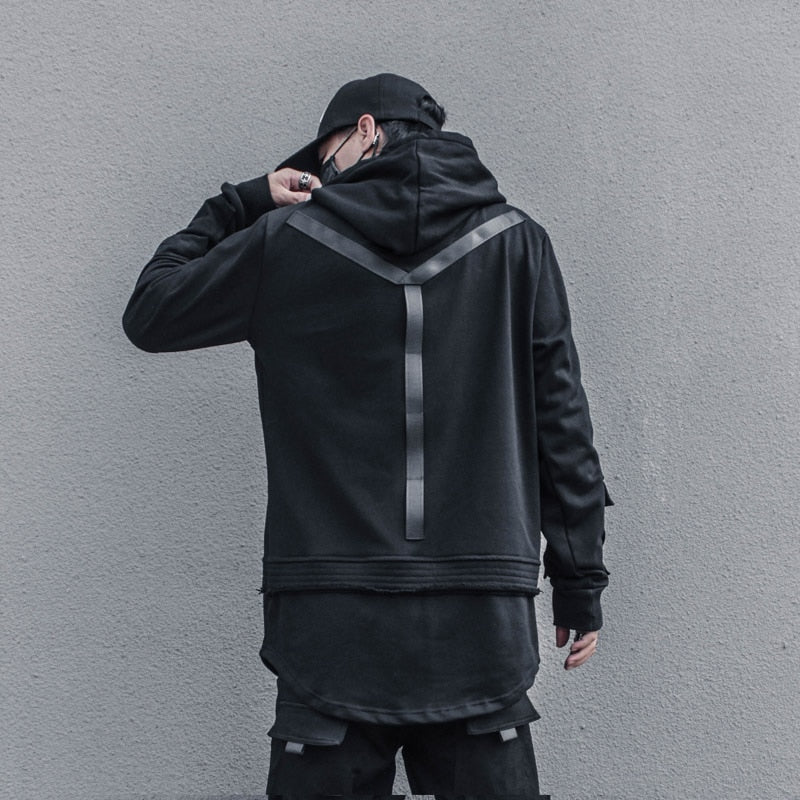 Harajuku Hoodie for Men Patchwork Design Black Sweatshirt Slim Autumn Dark Cotton Pullover Streetwear Men Clothing
