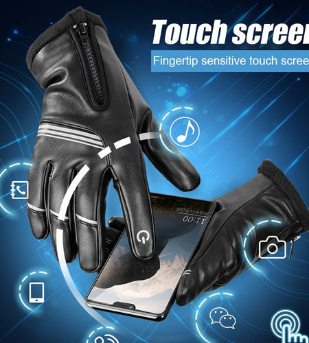 Winter Cycling Gloves PU Leather Thermal Fleece Touch Screen Outdoor Sport Skiing Climbing Motorcycle Bicycle Gloves