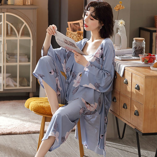 Load image into Gallery viewer, 3 Pieces Soft Autumn Summer Women Pajamas Sets Floral Printed Sleepwear Robe Sling Top Pants Female Leisure Nightwear Suit
