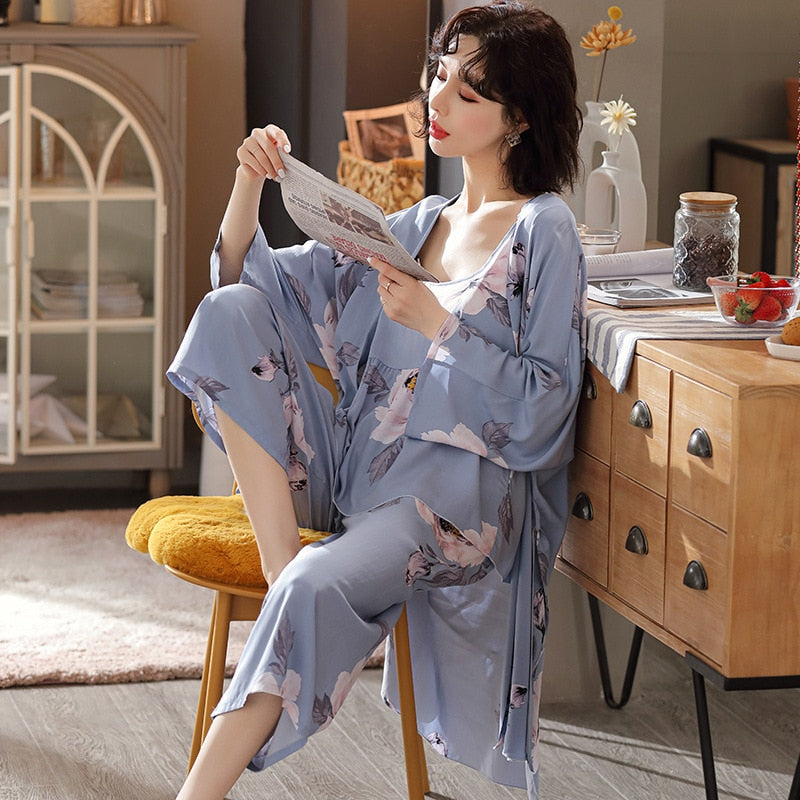 3 Pieces Soft Autumn Summer Women Pajamas Sets Floral Printed Sleepwear Robe Sling Top Pants Female Leisure Nightwear Suit