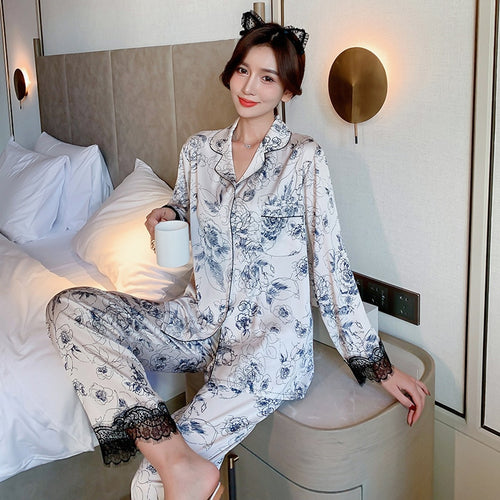 Load image into Gallery viewer, High Quality Women&#39;s Pajamas Set Floral Ink Painting Sleepwear Silk Like Casual Luxury Homewear V Neck Pyjams Femme New
