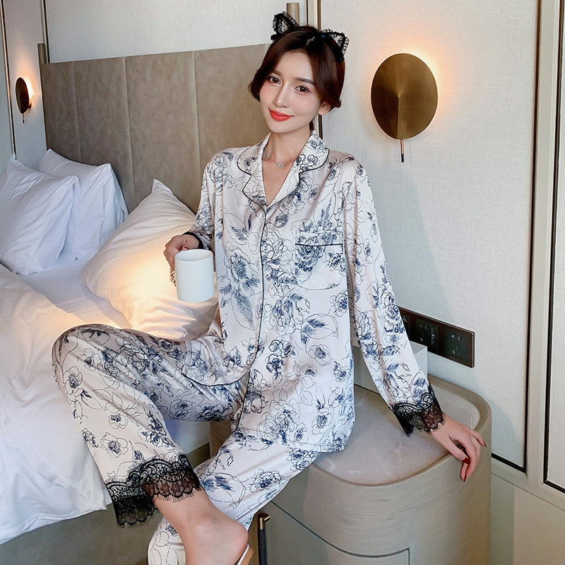 High Quality Women's Pajamas Set Floral Ink Painting Sleepwear Silk Like Casual Luxury Homewear V Neck Pyjams Femme New