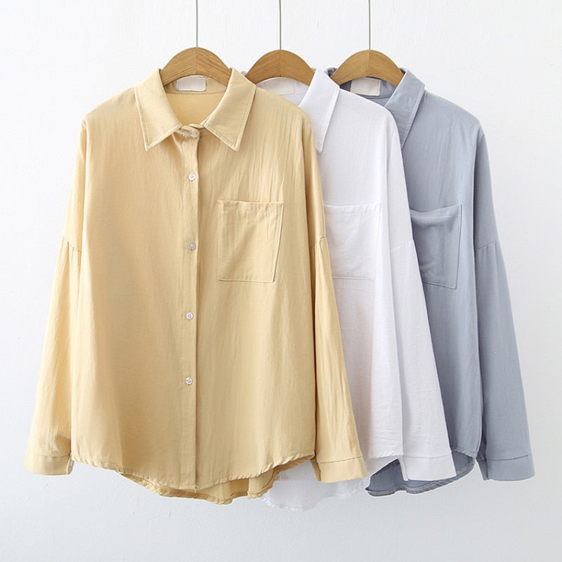 Pure Cotton Women Shirts Loose Korean Oversize Autumn Long Sleeve Button Up Shirt Fashion Pocket Solid Female Tops
