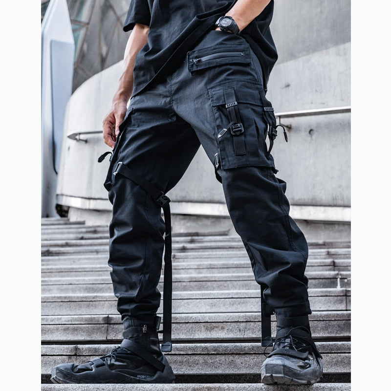 Tactical Functional Cargo Pants Joggers Men Black Ribbon Design Trousers Hip Hop Streetwear Multi-pocket Pants Techwear WB351