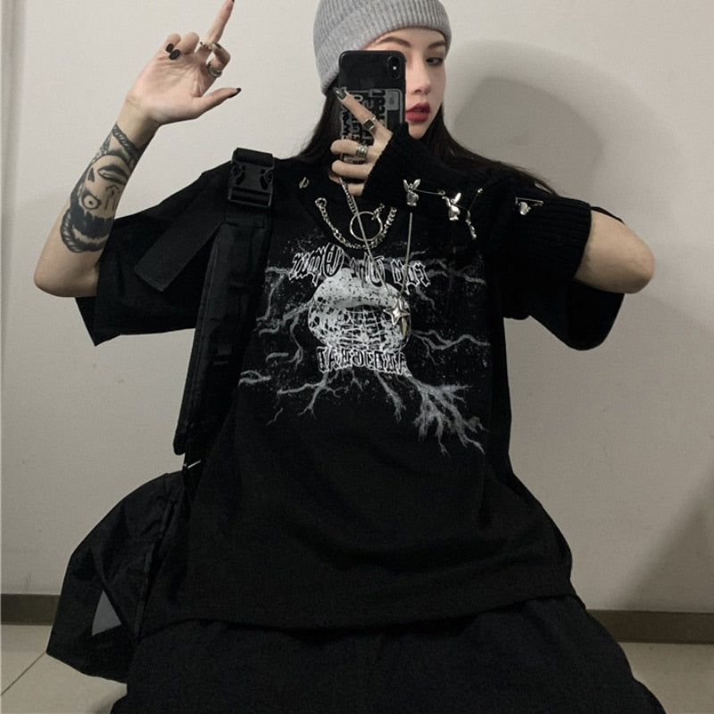 Harajuku Women T Shirt Summer Short Sleeve Gothic Black Print Long Tees Street Wear Oversized T Shirt Loose Girls Tops