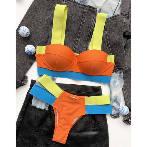 Load image into Gallery viewer, Splicing Bikini Push Up Swimsuit Female Swimwear Women Two-pieces Bikini set With Bra Cup Bather Bathing Suit Swim Lady V2707
