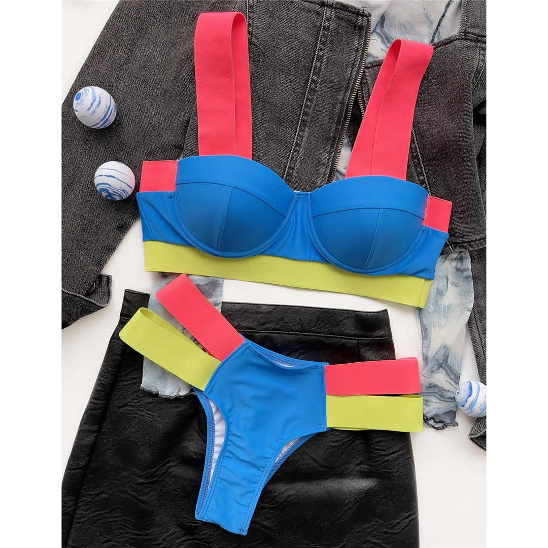 Splicing Bikini Push Up Swimsuit Female Swimwear Women Two-pieces Bikini set With Bra Cup Bather Bathing Suit Swim Lady V2707