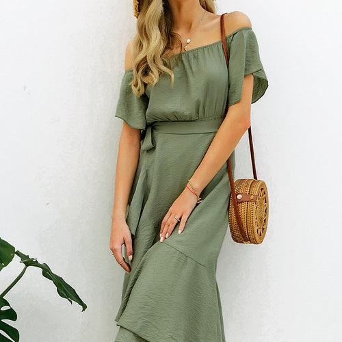 Load image into Gallery viewer, Sexy Off Shoulder Summer High Waist Ruffled Split Short Sleeve Long Dress-women-wanahavit-Green-S-wanahavit
