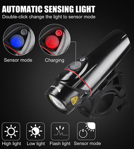 Pro Bike Light Set Smart Sensor Headlight Taillight USB Rechargeable Waterproof MTB Road Bicycle Front Rear Lamp