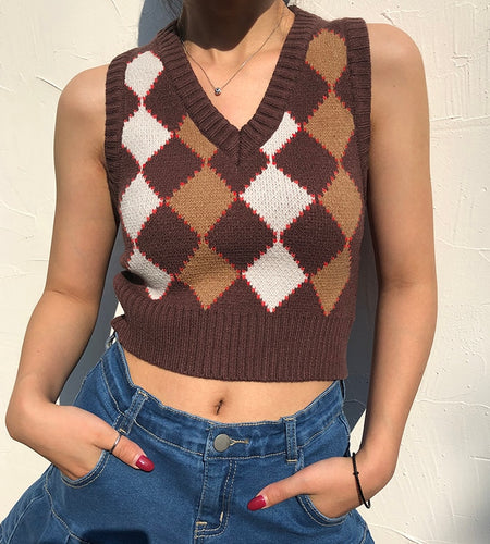 Brown Argyle Vintage Cropped Sweater Vest Autumn Sleeveless Knit Pullover Preppy Style Jumper Casual Plaid Knitwear 90s