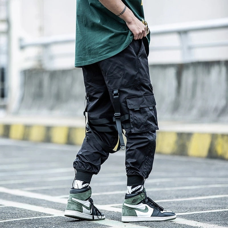 Cargo Pants Men Joggers Streetwear Ankle-length Pants Ribbons Elastic Waist Black Pant Hip Hop Male DG166
