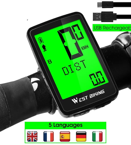 USB Rechargeable Bicycle Computer Wireless Waterproof Backlight Cycling Odometer 5 Languages MTB Bike Speedometer