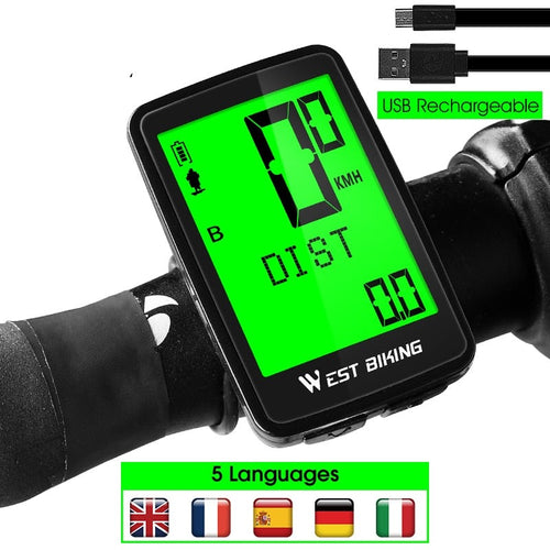 Load image into Gallery viewer, USB Rechargeable Bicycle Computer Wireless Waterproof Backlight Cycling Odometer 5 Languages MTB Bike Speedometer
