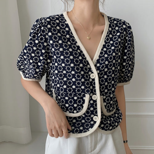 Load image into Gallery viewer, Elegant Women Short Shirts Vintage Floral Embroidery Hollow Out Korean Designed V Neck Summer Single Breasted Blouse Tops

