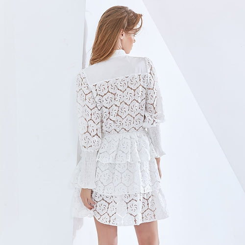 Load image into Gallery viewer, Solid Color Embroidery Lace Summer Women Dress Long Sleeve High Waist White Dresses Female Womens Dresss
