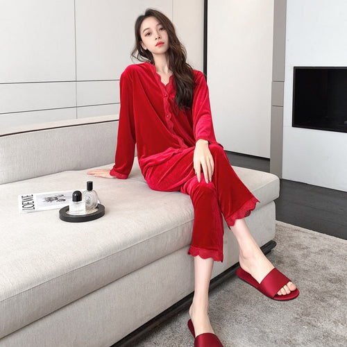 Load image into Gallery viewer, Women&#39;s Pajamas Set Velvet Sleepwear Classical Homewear Lace V Neck Nightwear Simple Pyjamas New Autumn Femme
