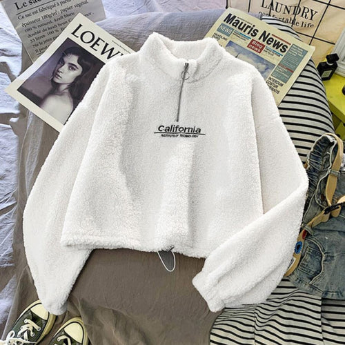 Load image into Gallery viewer, Cashmere Short Coat Fashion Women Letter Stand Collar Zipper Thick Loose Winter Pullover Sweatshirt Embroidery Female Tops
