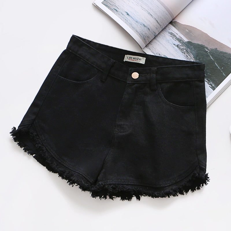 Sexy Tassel Women Denim Shorts Fashion Summer Slim Korean Chic Girl Ankle-Length Pants Black Jeans Washed Street Wear