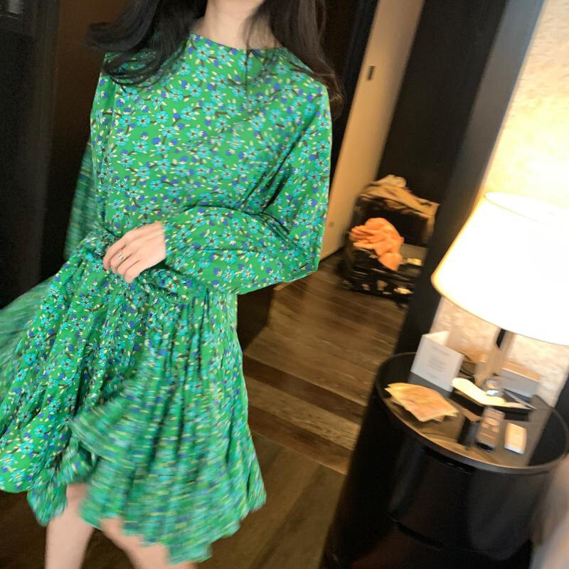 Elegant Print Women Dress O Neck Lantern Long Sleeve High Waist Lace Up Bow Ruffles Mini Dresses For Female Fashion